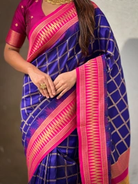 Traditional Chokda Pattern Soft Silk Saree with Gold Zari Checks & Contrast Pallu - FREE, VIOLET