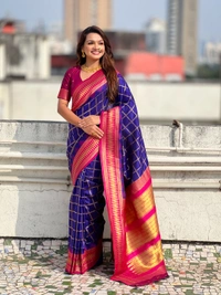 Traditional Chokda Pattern Soft Silk Saree with Gold Zari Checks & Contrast Pallu - FREE, VIOLET