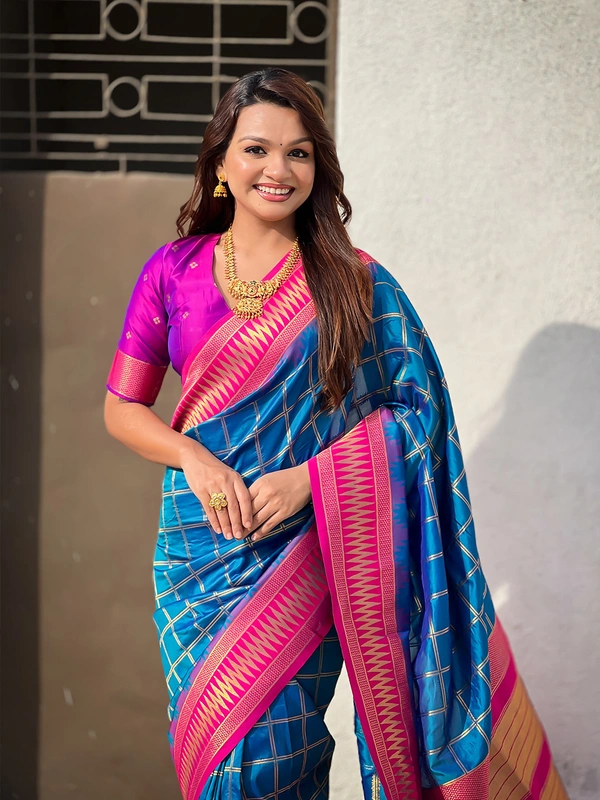 Traditional Chokda Pattern Soft Silk Saree with Gold Zari Checks & Contrast Pallu - FREE, RAMA