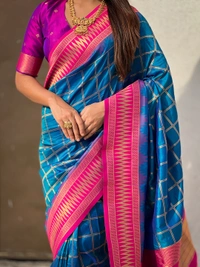 Traditional Chokda Pattern Soft Silk Saree with Gold Zari Checks & Contrast Pallu - FREE, RAMA