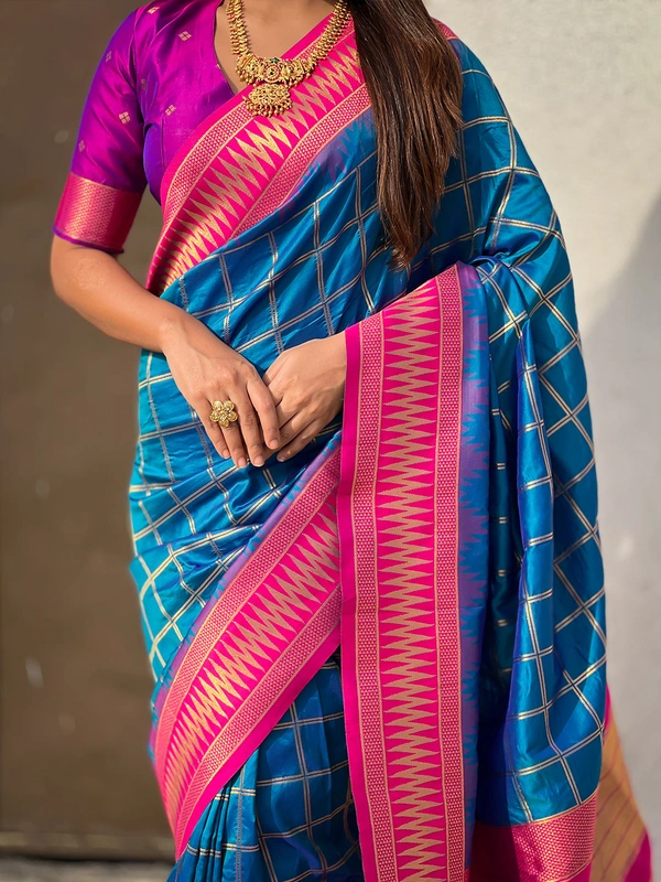 Traditional Chokda Pattern Soft Silk Saree with Gold Zari Checks & Contrast Pallu - FREE, RAMA