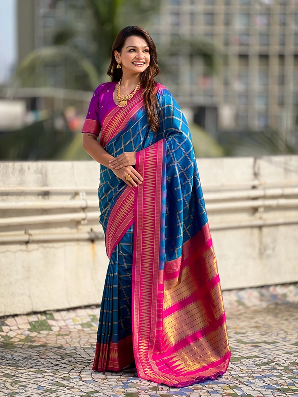 Traditional Chokda Pattern Soft Silk Saree with Gold Zari Checks & Contrast Pallu - FREE, RAMA