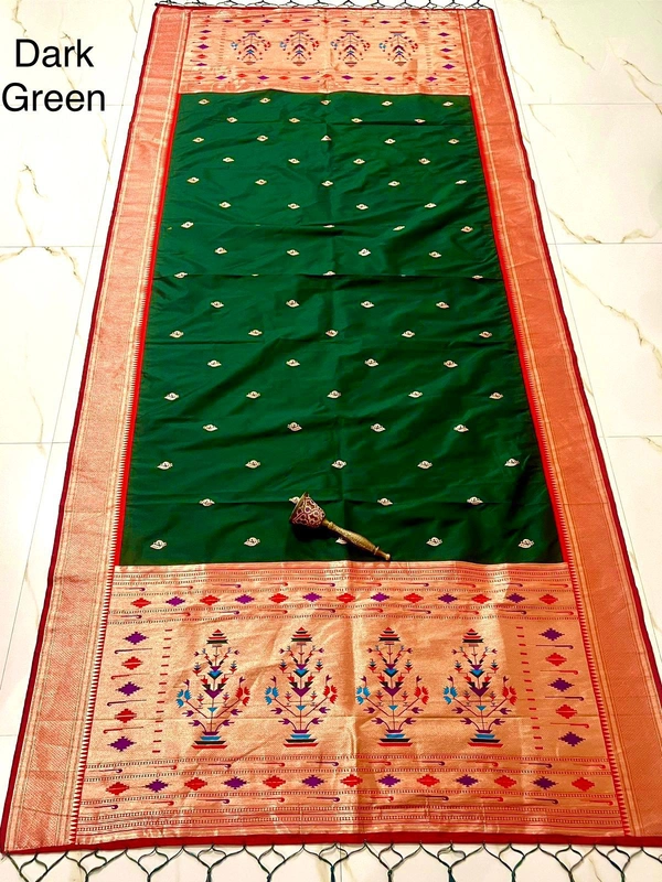 Traditional Dark Green Soft Silk Dupatta with Royal Heritage Flower Pot Design - 2.5mt, Dark Green