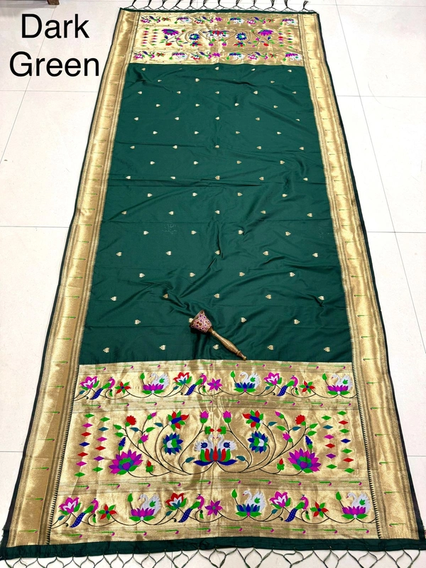 Traditional Dark Green Soft Silk Paithani Dupatta with Elegant Mor-Kamal Border and Golden Pallu.jpeg - 2.5mt, Dark Green