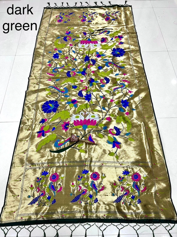 Traditional Dark Green Soft Silk Paithani Dupatta with Grand Tissue Zari Weaving Work - 2.5mt, Dark Green