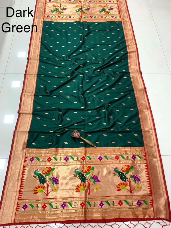 Traditional Dark Green Soft Silk Paithani Dupatta with Heavy Gold Weaving Border - 2.5mt, Dark Green