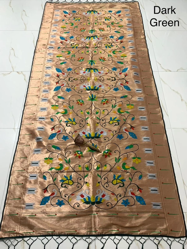 Traditional Dark Green Soft Silk Paithani Dupatta with Grand Swan & Peacock Design Border - 2.5mt, Dark Green
