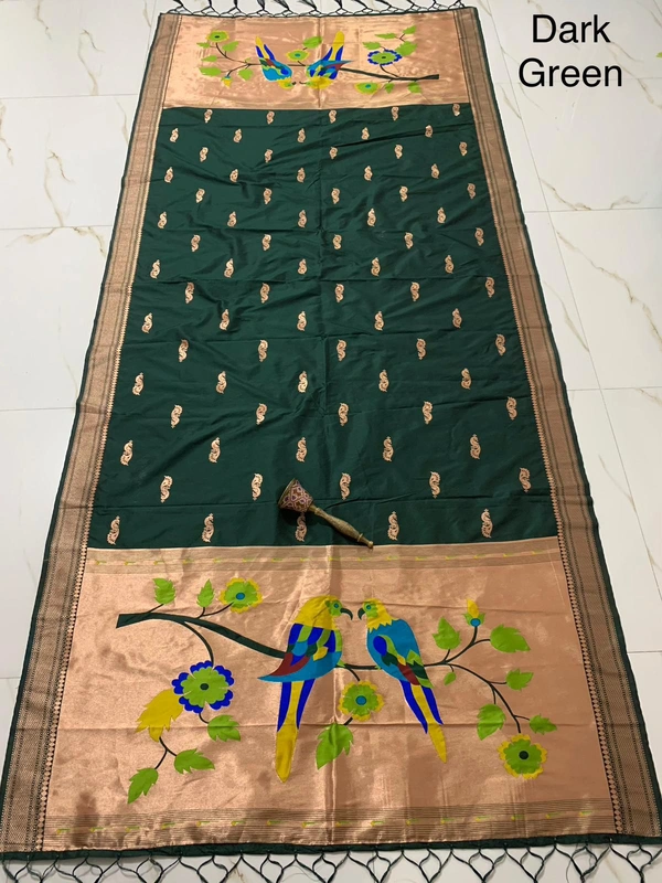 Traditional Dark Green Soft Silk Paithani Dupatta with Handloom Style Meenakari Parrot - 2.5mt, Dark Green