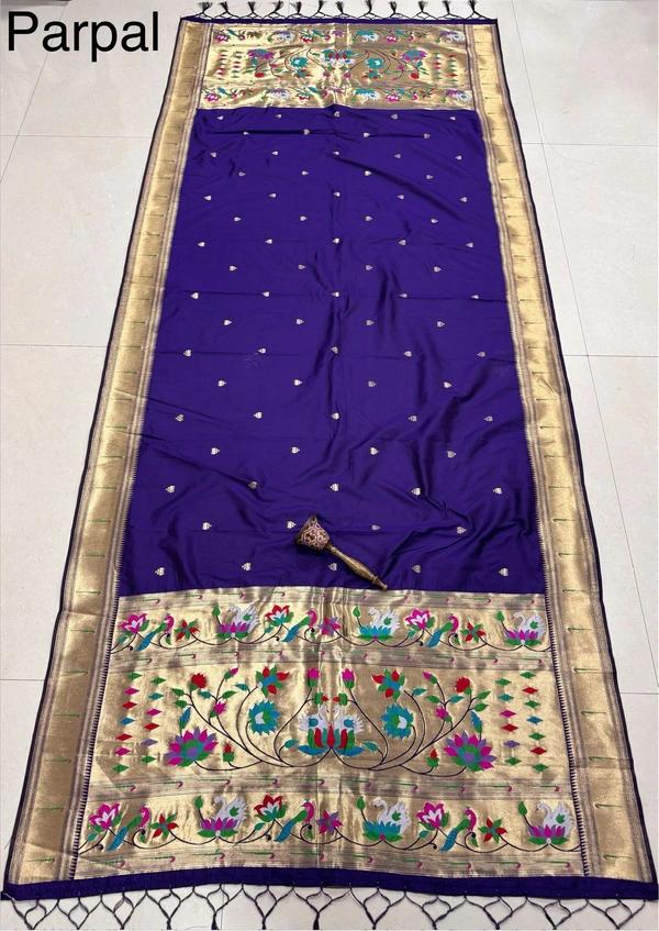 Traditional Dark Purple Soft Silk Paithani Dupatta with Traditional Gold Border and Mor-Kamal Pallu.jpeg - 2.5mt, Dark Purple