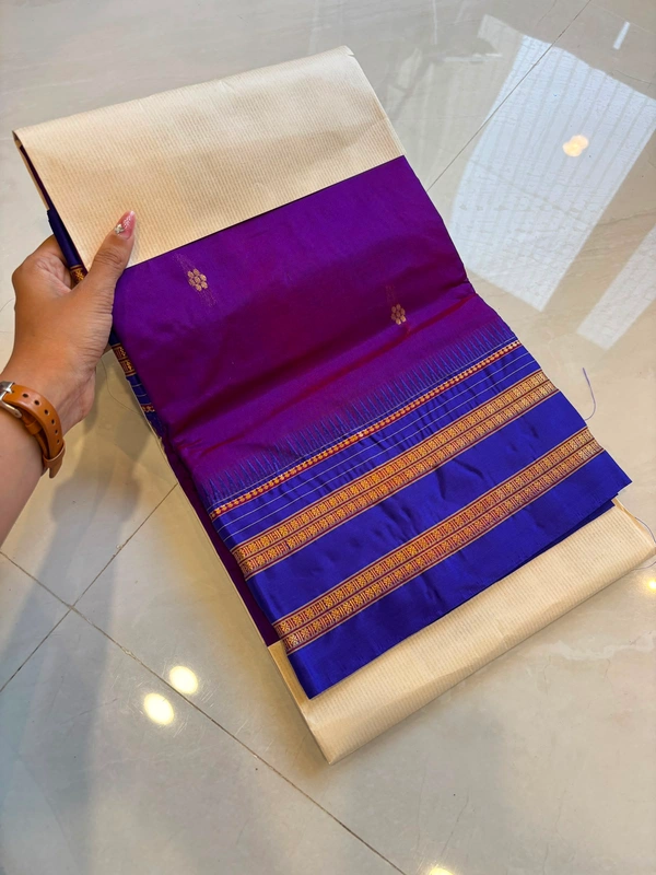 Traditional Handloom Narayanpeth Saree Deep Purple with Contrast Blue Border - Free, Deep Purple