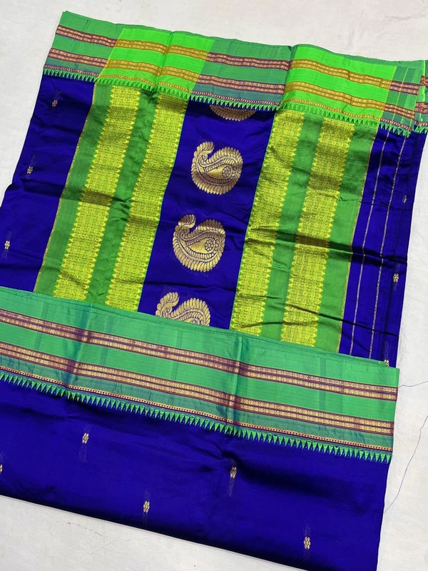 Traditional Hand-woven Narayanpeth Saree with Ethnic Border - Free, Deep Blue