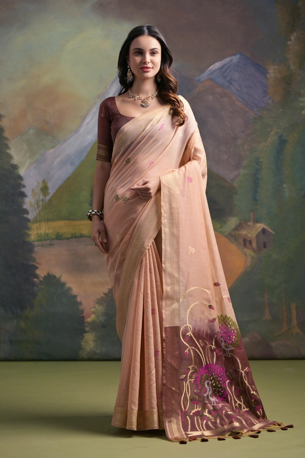 Traditional Muga Silk Saree featuring Intricate Resham Butties and Contrast Blouse