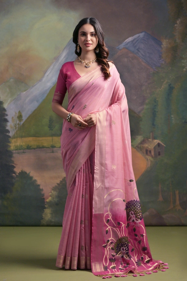 Traditional Muga Silk Saree featuring Intricate Resham Butties and Contrast Blouse