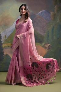 Traditional Muga Silk Saree featuring Intricate Resham Butties and Contrast Blouse - FREE, Baby Pink