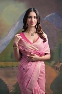 Traditional Muga Silk Saree featuring Intricate Resham Butties and Contrast Blouse - FREE, Baby Pink