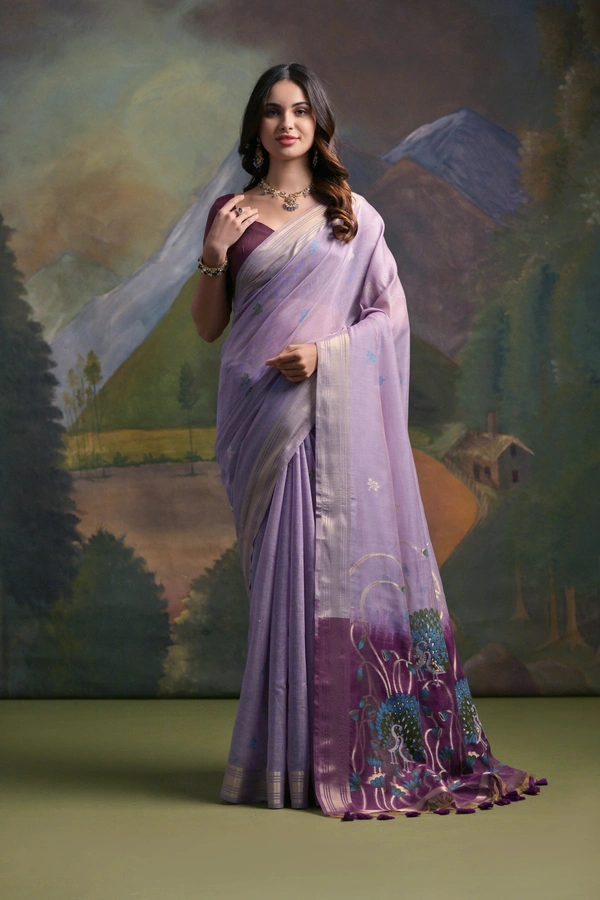 Traditional Muga Silk Saree featuring Intricate Resham Butties and Contrast Blouse