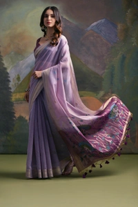 Traditional Muga Silk Saree featuring Intricate Resham Butties and Contrast Blouse - FREE, Lavender