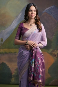 Traditional Muga Silk Saree featuring Intricate Resham Butties and Contrast Blouse - FREE, Lavender