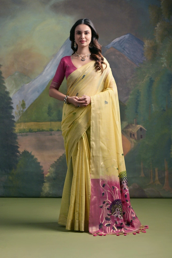 Traditional Muga Silk Saree featuring Intricate Resham Butties and Contrast Blouse