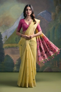 Traditional Muga Silk Saree featuring Intricate Resham Butties and Contrast Blouse - FREE, Lemon Yellow