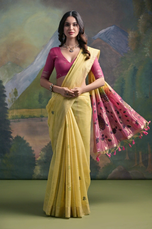 Traditional Muga Silk Saree featuring Intricate Resham Butties and Contrast Blouse - FREE, Lemon Yellow