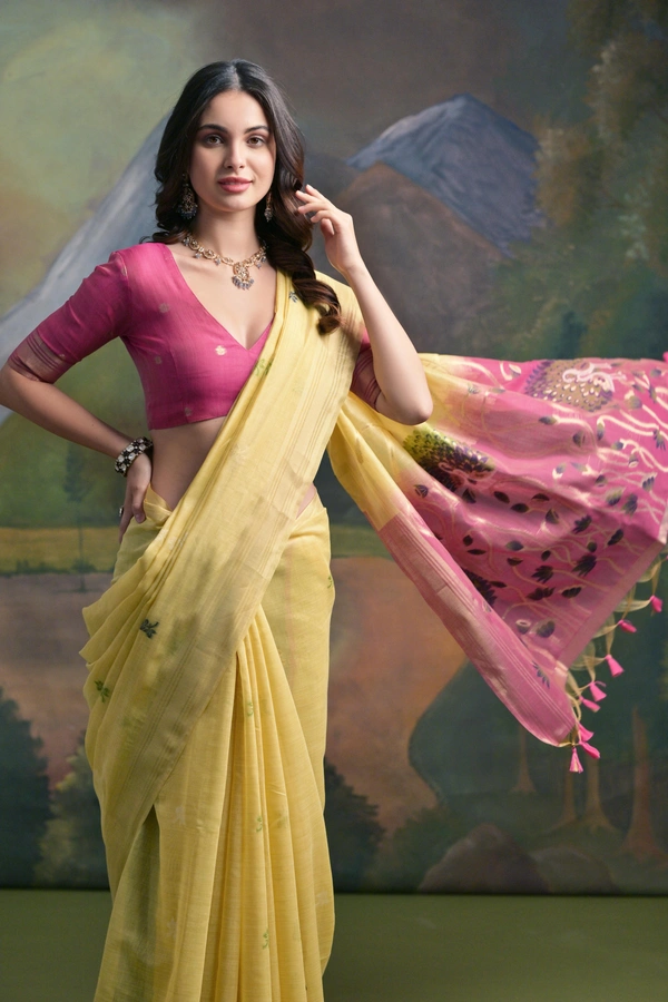 Traditional Muga Silk Saree featuring Intricate Resham Butties and Contrast Blouse - FREE, Lemon Yellow