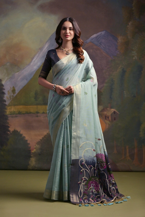 Traditional Muga Silk Saree featuring Intricate Resham Butties and Contrast Blouse