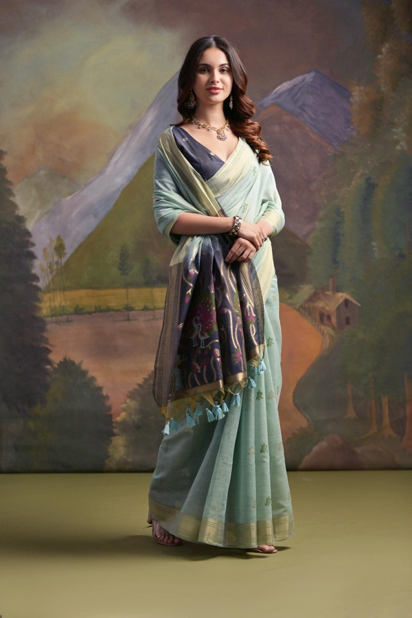 Traditional Muga Silk Saree featuring Intricate Resham Butties and Contrast Blouse - FREE, Pastel Mint