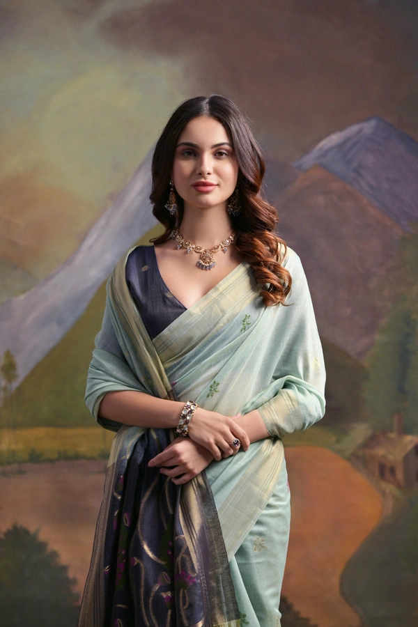 Traditional Muga Silk Saree featuring Intricate Resham Butties and Contrast Blouse - FREE, Pastel Mint