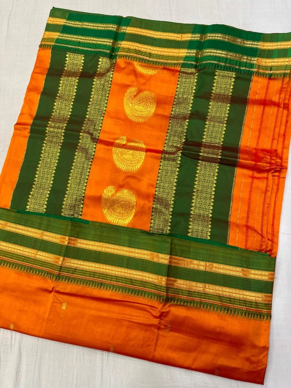 Traditional Narayanpeth Saree in Pure Handloom Weave - Free, Bright Orange