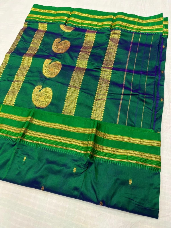 Traditional Narayanpeth Silk Saree with Classic Temple Zari Border - Free, Dual-tone Peacock Green