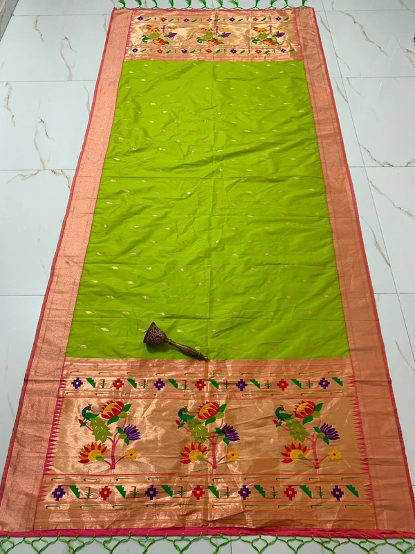 PAITHANI_HOUSE99 Traditional Paithani Silk Dupatta | Rich Zari Border & Floral Pallu- [kajukatari
Dupatta -2.5 mt] - FREE, Bright Lemon Green