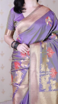 Traditional Pichwai Soft Silk Saree with Kamdhenu Pattern & Zari Border - FREE, LAVENDER