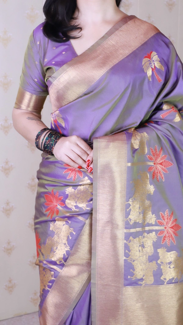 Traditional Pichwai Soft Silk Saree with Kamdhenu Pattern & Zari Border - FREE, LAVENDER
