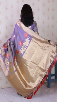 Traditional Pichwai Soft Silk Saree with Kamdhenu Pattern & Zari Border - FREE, LAVENDER