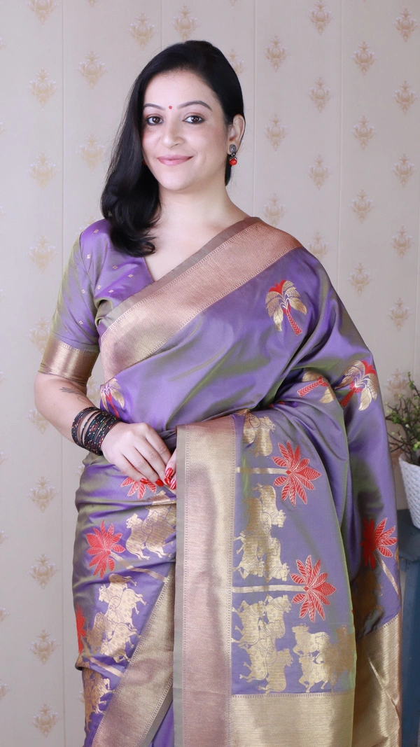 Traditional Pichwai Soft Silk Saree with Kamdhenu Pattern & Zari Border - FREE, LAVENDER