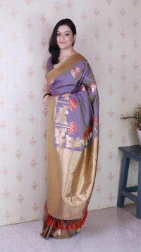 Traditional Pichwai Soft Silk Saree with Kamdhenu Pattern & Zari Border - FREE, LAVENDER