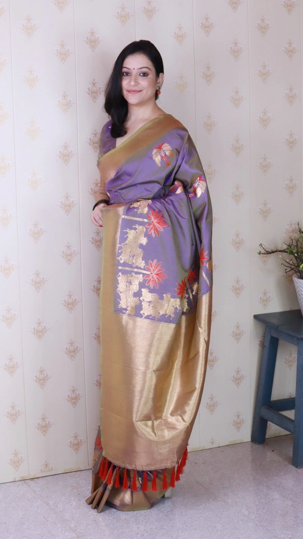 Traditional Pichwai Soft Silk Saree with Kamdhenu Pattern & Zari Border - FREE, LAVENDER