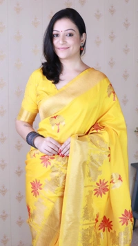 Traditional Pichwai Soft Silk Saree with Kamdhenu Pattern & Zari Border - FREE, YELLOW