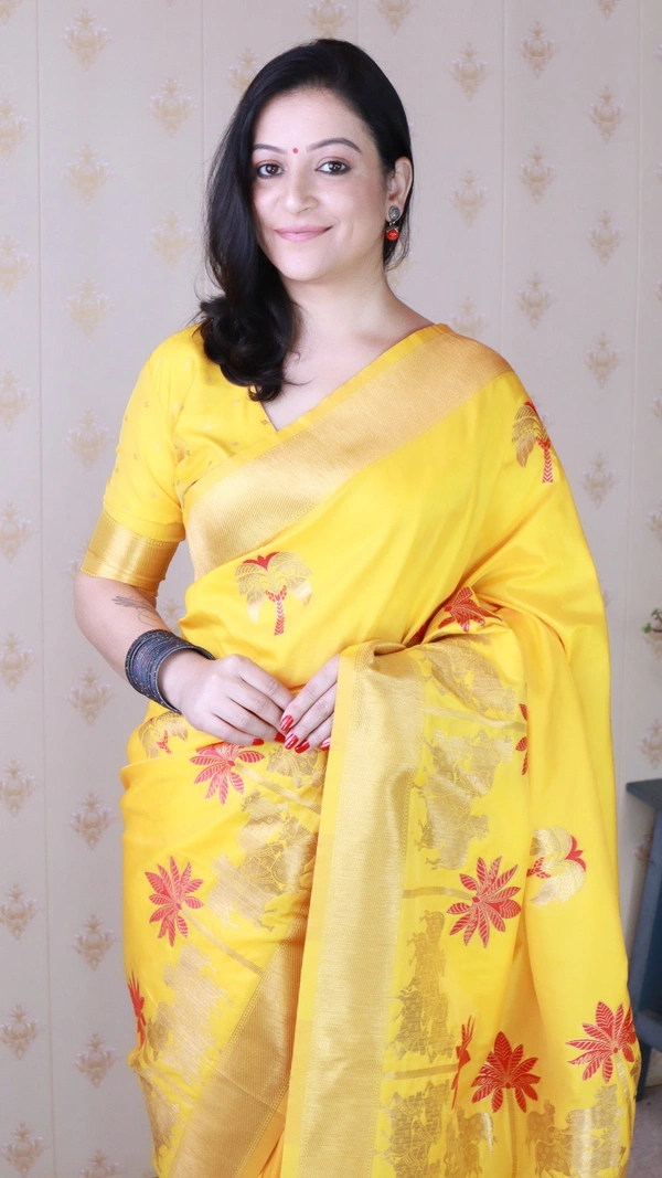Traditional Pichwai Soft Silk Saree with Kamdhenu Pattern & Zari Border - FREE, YELLOW