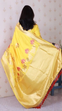 Traditional Pichwai Soft Silk Saree with Kamdhenu Pattern & Zari Border - FREE, YELLOW