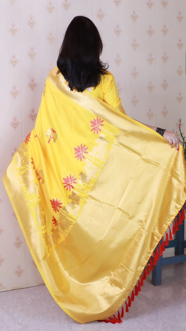 Traditional Pichwai Soft Silk Saree with Kamdhenu Pattern & Zari Border - FREE, YELLOW