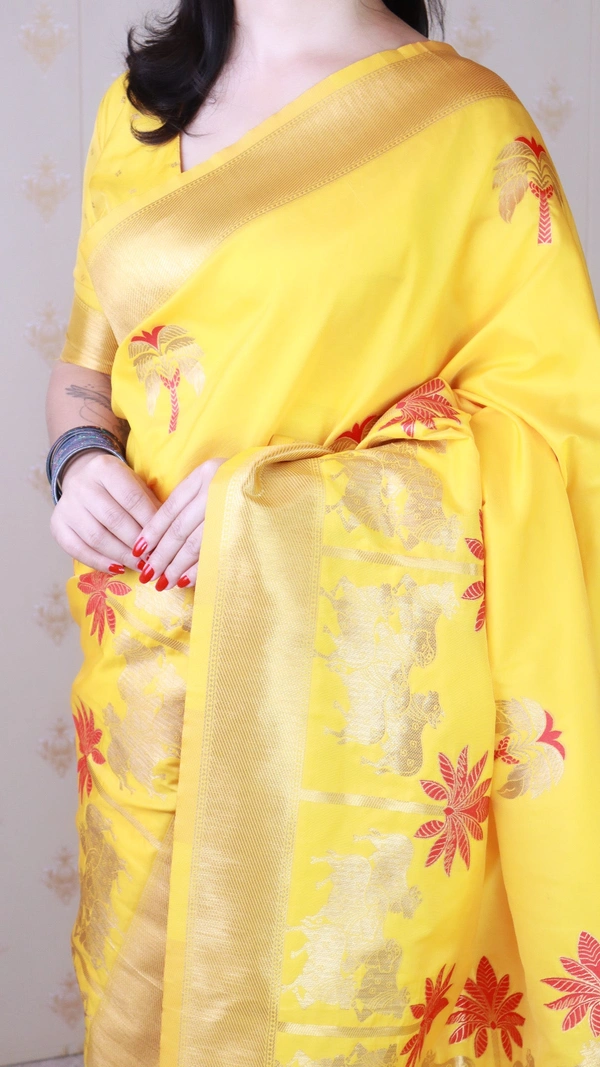 Traditional Pichwai Soft Silk Saree with Kamdhenu Pattern & Zari Border - FREE, YELLOW