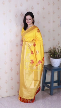 Traditional Pichwai Soft Silk Saree with Kamdhenu Pattern & Zari Border - FREE, YELLOW