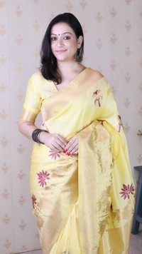 Traditional Pichwai Soft Silk Saree with Kamdhenu Pattern & Zari Border - FREE, LEMON