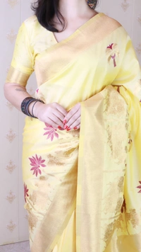 Traditional Pichwai Soft Silk Saree with Kamdhenu Pattern & Zari Border - FREE, LEMON