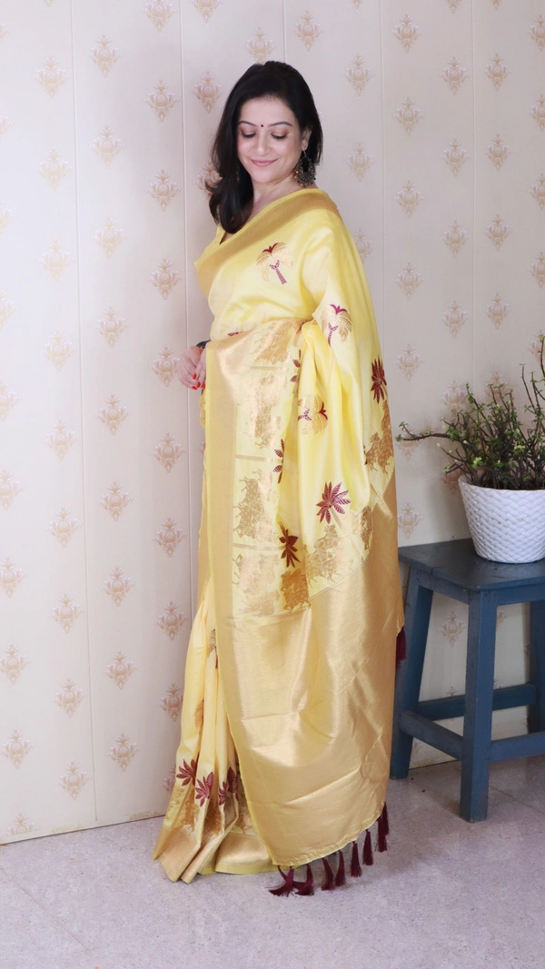 Traditional Pichwai Soft Silk Saree with Kamdhenu Pattern & Zari Border - FREE, LEMON