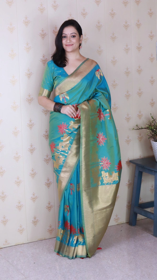 Traditional Pichwai Soft Silk Saree with Kamdhenu Pattern & Zari Border