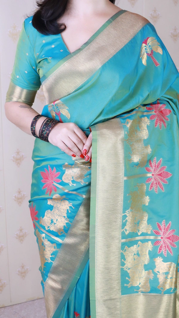 Traditional Pichwai Soft Silk Saree with Kamdhenu Pattern & Zari Border - FREE, SKY