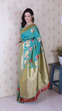 Traditional Pichwai Soft Silk Saree with Kamdhenu Pattern & Zari Border - FREE, SKY